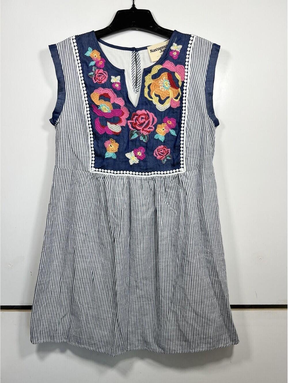 Savanna Jane Vibrant Embroidered Blue Striped Dress Size Small Boho Cowgirl - Picture 2 of 9